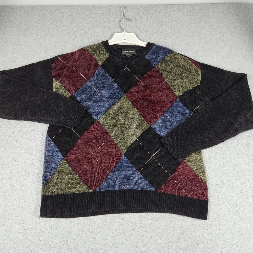 Croft & Barrow Sweater Mens L Multicolor Chenille Knit Argyle Crewneck Pullover